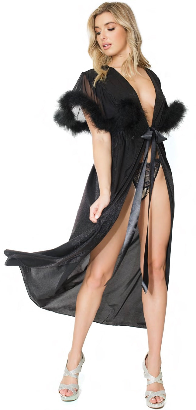 Black, Metallic Semi-Sheer Knit/Mesh, Faux Marabou Robe