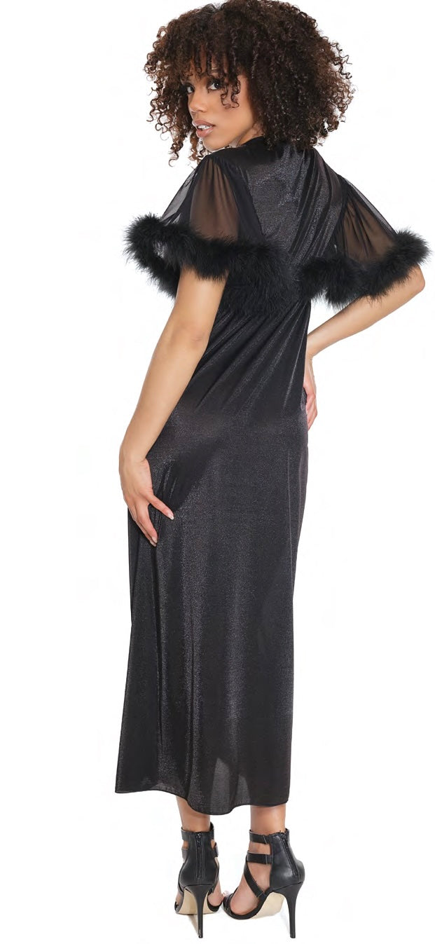 Black, Metallic Semi-Sheer Knit/Mesh, Faux Marabou Robe