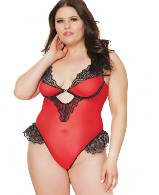 Red/Black Mesh/Fine Scallop Stretch Lace Crotchless Teddy