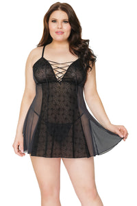 Black Velvet Flocked Mesh/Mesh Chemise