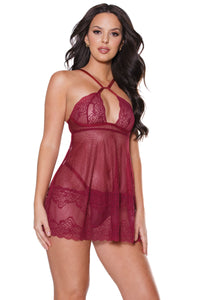 Floral Stretch Lace/Stretch Net Baby doll and Thong set